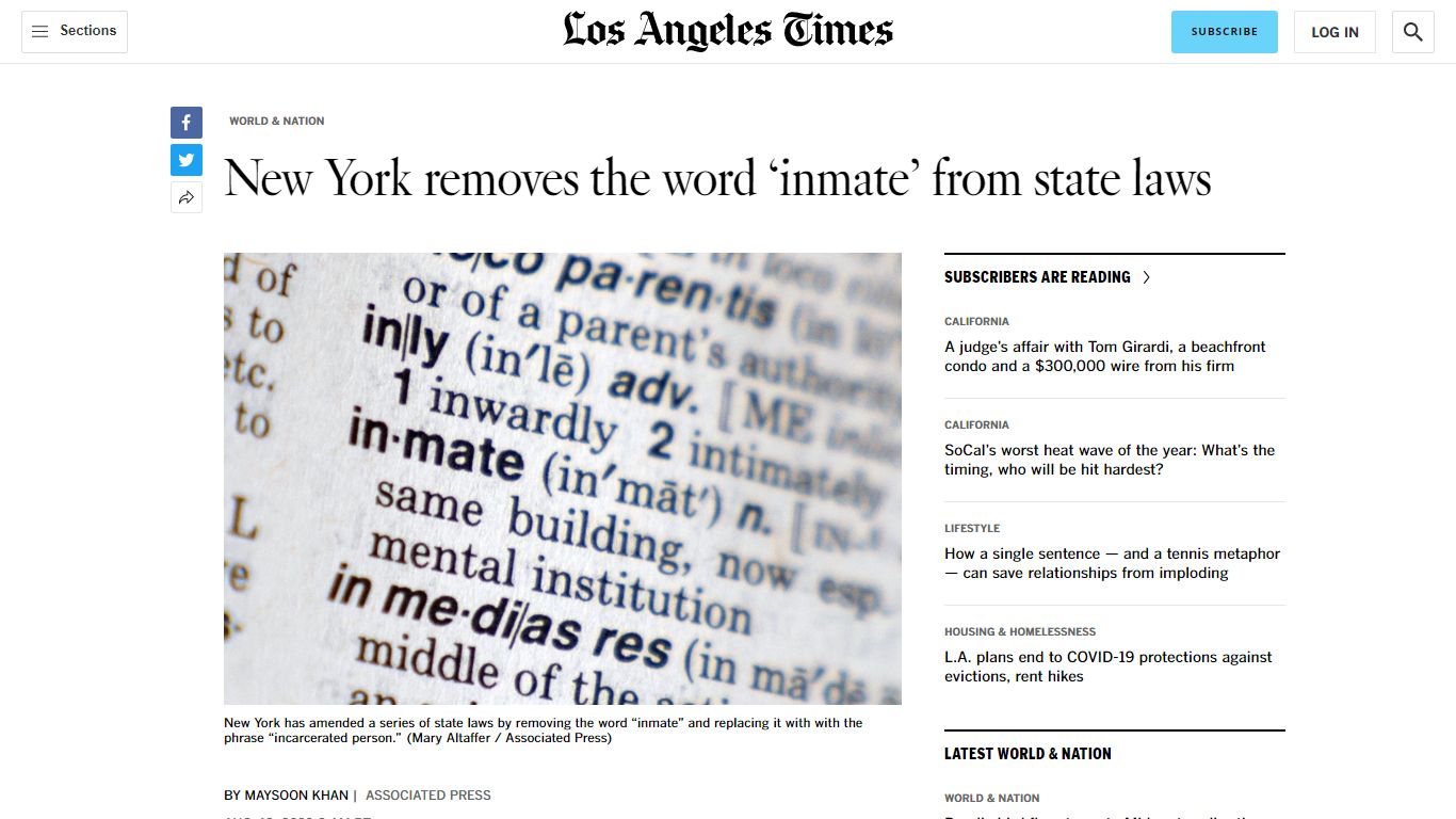 New York scraps word ‘inmate’ from state laws - Los Angeles Times
